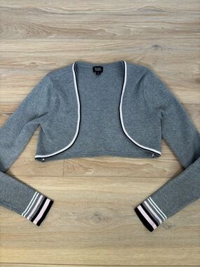 Gray Cropped Bolero with Pink and Black Stripe Cuffs